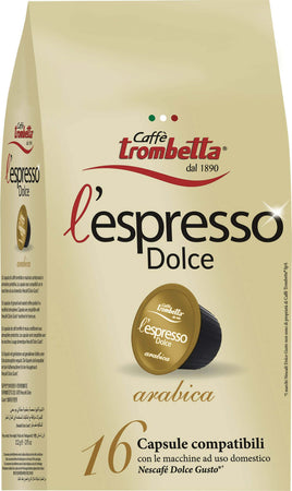 Capsule Compatibili Dolce Gusto Caffè Trombetta L'Espresso Dolce Arabica 8 buste da 16 capsule Capsule Compatibili Dolce Gusto Caffè Trombetta L'Espresso Dolce Arabica, 16x8 pezzi Non solo alimenti - Albano Laziale, Commerciovirtuoso.it