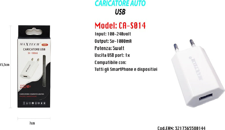 Caricabatteria Caricatore Usb Da Auto Ricarica Smartphone Dispositivi 5v-1000ma Maxtech Ca-s014 Caricabatteria Trade Shop italia - Napoli, Commerciovirtuoso.it