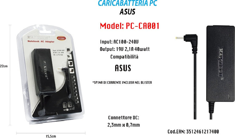 Caricabatteria Pc Asus Alimentatore Batteria Di Ricambio 19v 2,1a 40w Maxtech Pc-ca001 Informatica e Videogiochi > Accessori PC > Alimentatori Notebook Trade Shop italia - Napoli, Commerciovirtuoso.it