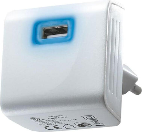 Caricabatterie Alimentatore da Parete con Porta USB 2,1A 5 VDC 2100mA per Smartphone iPhone Tablet colore bianco con Led