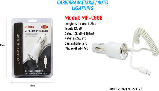 Caricabatterie-Da-Auto-Maxtech-Usb-Cellulare-Smartphone-5v-1000ma-Ma-c008