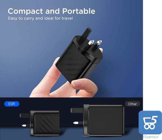 Caricabatterie da Muro ESR 36W PD USB type C USB-A 5V 3A Ricarica Rapida Spina UK