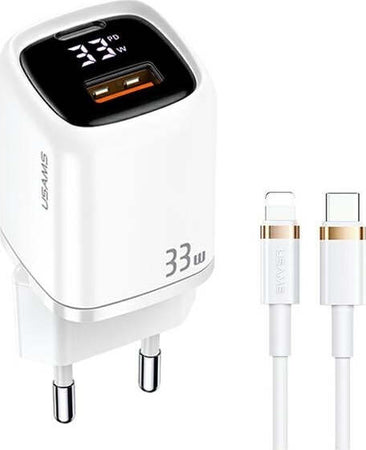 caricabatterie-usams-30W-usb-c-fast-charger-completo-di-cavo-lighting-bianco