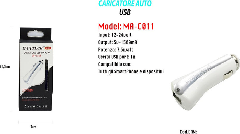 Caricatore Per Auto Universale Usb Smartphone Accendisigari 5v-1500ma Maxtech Ma-c011 Elettronica/Cellulari e accessori/Accessori/Caricabatterie/Caricabatterie da auto Trade Shop italia - Napoli, Commerciovirtuoso.it