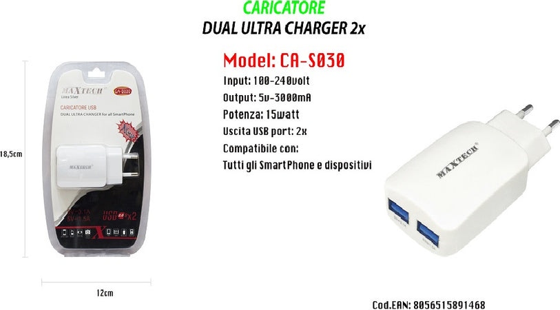 Caricatore Portatile Presa 2 Usb Per Smartphone 5v - 3000ma Maxtech 15w Ca-s030 Caricabatteria Trade Shop italia - Napoli, Commerciovirtuoso.it