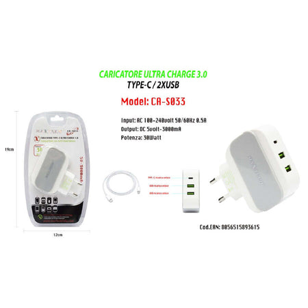 Caricatore-Ultra-Charge-3.0-Type-c/2xusb-Ricarica-Per-Smartphone-5v-3000ma-Maxtech-Ca-s033