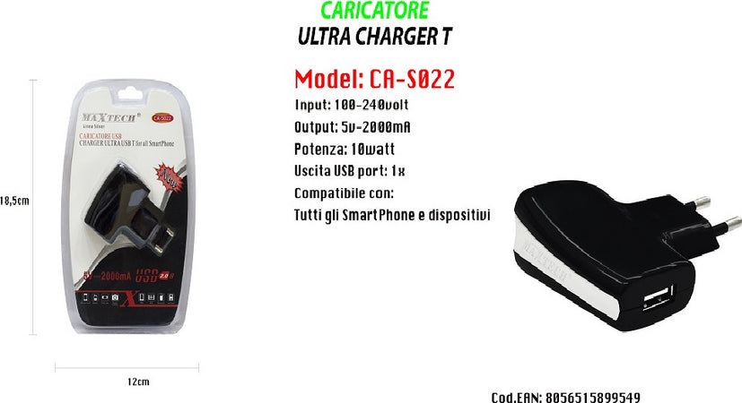 Caricatore Usb A Presa Spina Ricarica Smartphone Dispositivi 5v-2000ma Maxtech Ca-s022 Caricabatteria Trade Shop italia - Napoli, Commerciovirtuoso.it