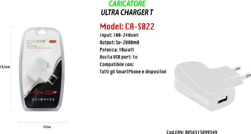 Caricatore Usb A Presa Spina Ricarica Smartphone Dispositivi 5v-2000ma Maxtech Ca-s022 Caricabatteria Trade Shop italia - Napoli, Commerciovirtuoso.it