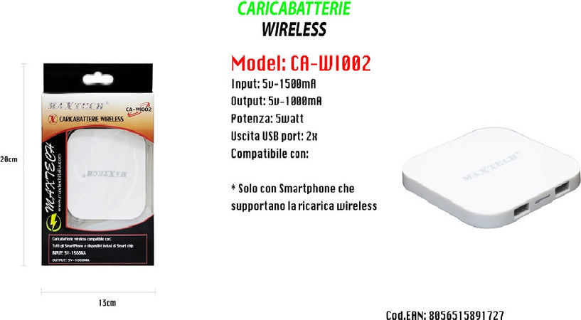 Caricatore Wifi Ricarica Wireless Smartphone Portatile 5v-1500ma Maxtech Ca-wi002 Caricabatteria Trade Shop italia - Napoli, Commerciovirtuoso.it