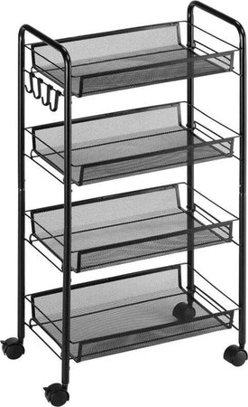 Carrello-da-Cucina-a-4-Ripiani-Rimovibili-con-4-Ganci-e-Ruote,-in-Acciaio-e-Plastica-PP,-45x26.5x84-cm,-Nero-KU9850-163KU9