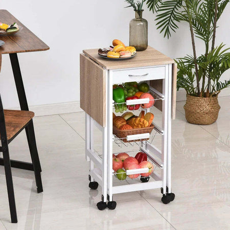 Carrello-da-Cucina-con-3-Cestini,-Cassetto-e-Ribalte,-6-Ruote-Girevoli,-in-MDF-e-Metallo,-37x37x77.5cm,-Bianco-e-Legno-GF2801-125GF2