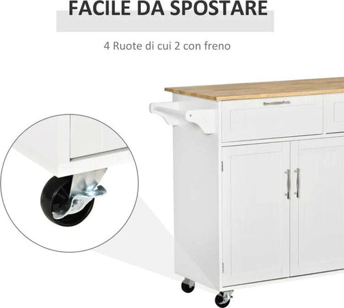 Carrello-da-Cucina-Multiuso-in-Legno-con-2-Cassetti,-3-Antine-e-4-Ruote-121x46x91cm---Bianco-TR8801-204TR8