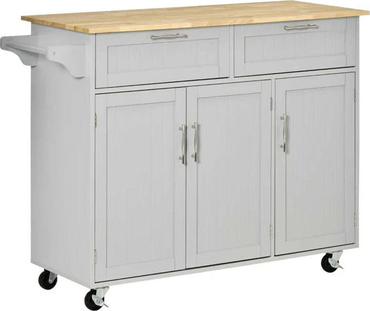 Carrello-da-Cucina-Multiuso-in-Legno-con-2-Cassetti,-3-Antine-e-4-Ruote-121x46x91cm,-Grigio-YH1801-204GYYH1