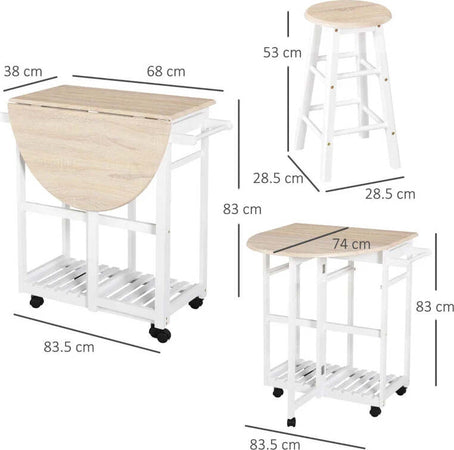 Carrello-da-Cucina-Pieghevole,-Mobile-da-Cucina-Salvaspazio-con-2-Sgabelli-2-Cassetti-5-Ruote-(Rotazione-360°),-Legno-MDF-Bianco-MN2801-117MN2