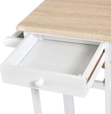 Carrello-da-Cucina-Pieghevole,-Mobile-da-Cucina-Salvaspazio-con-2-Sgabelli-2-Cassetti-5-Ruote-(Rotazione-360°),-Legno-MDF-Bianco-MN2801-117MN2