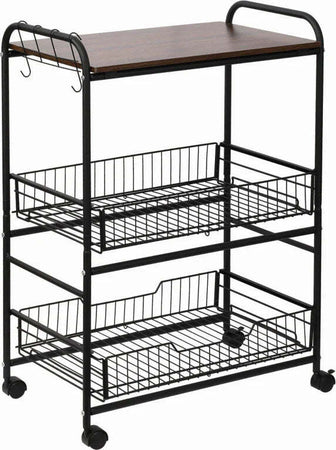 Carrello-da-Cucina-Portavivande-Stile-Industriale-con-4-Ruote,-2-Cestini-e-4-Ganci,-60x38x85.5cm,-Marrone-Nero-FT9801-225FT9