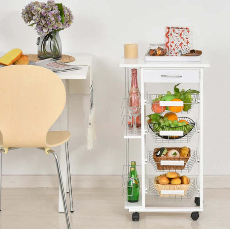 Carrello-da-Cucina-Salvaspazio-in-Legno-Bianco,-Portavivande-con-1-Piano-di-Lavoro-1-Cassetto-e-4-Cestelli-Metallici,-47x37x83cm-LK6801-121V01WTLK6