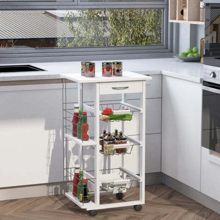 Carrello-Isola-da-Cucina-Salvaspazio-in-Legno-di-Pino,-Carrello-Portavivande-con-4-Ruote-Cassetto-3-Cesti-Estraibili-Portafrutta,-Bianco-VB5801-130WTVB5