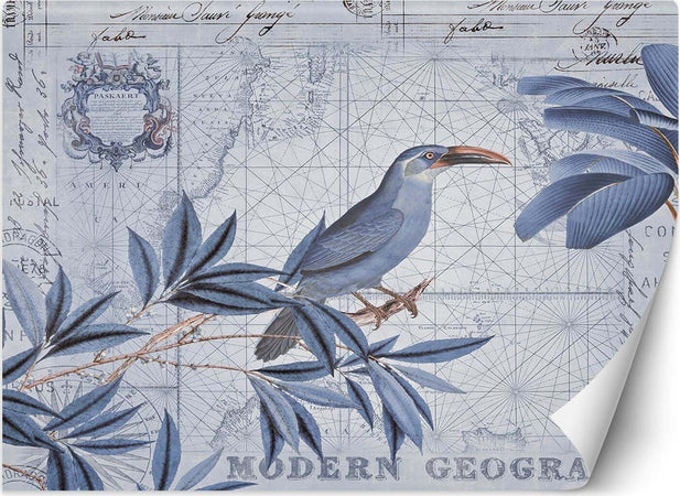 Carta-Da-Parati,-3D-Leaf-Card-Shabby-Chic-Bird-Blue