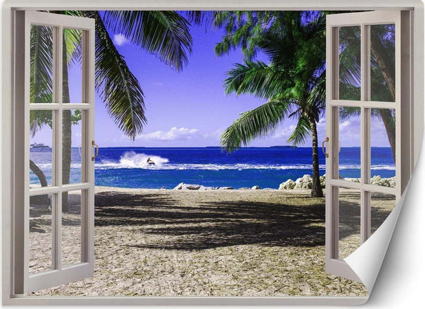 Carta-Da-Parati,-Finestra-con-vista-su-una-spiaggia-tropicale