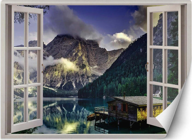 Carta-Da-Parati,-Finestra-vista-lago-in-montagna-natura
