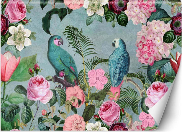 Carta-Da-Parati,-Fiori-Foglie-di-pappagallo