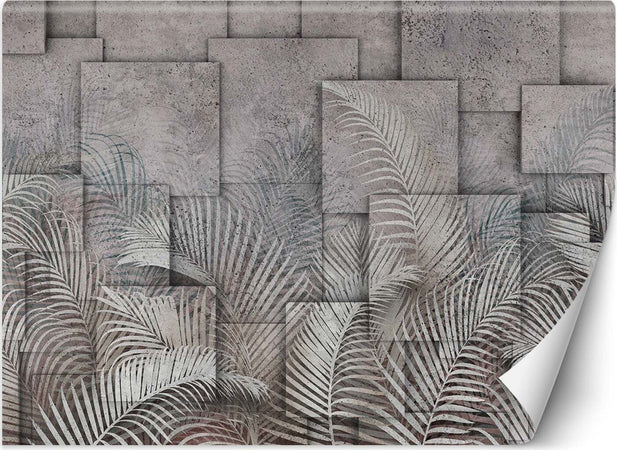 Carta-Da-Parati,-Foglie-di-palma-3d-Grigio