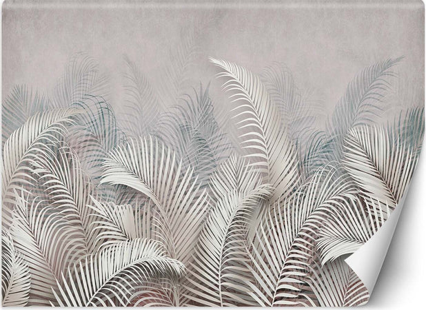 Carta-Da-Parati,-Foglie-di-palma-in-cemento-grigio-3D