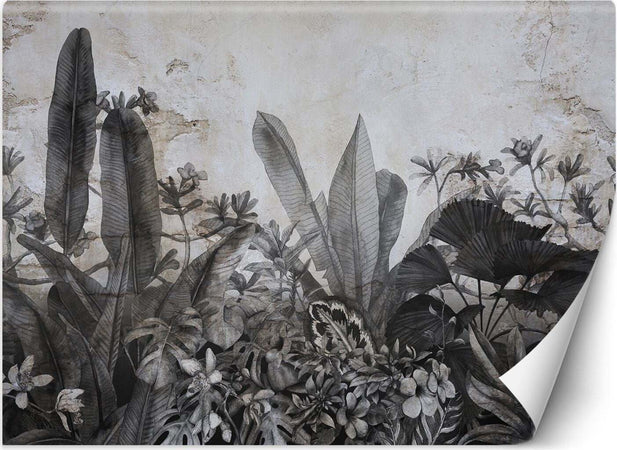 Carta-Da-Parati,-Foglie-tropicali-bianche-e-nere-su-cemento