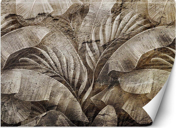 Carta-Da-Parati,-Foglie-tropicali-su-cemento-che-imita-la-struttura