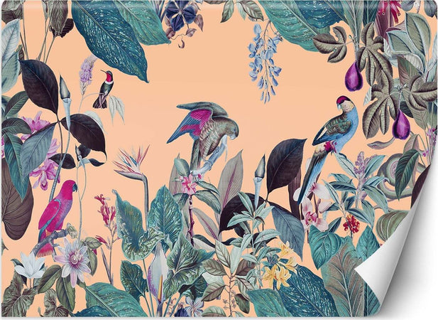 Carta-Da-Parati,-Foglie-tropicali-Uccelli