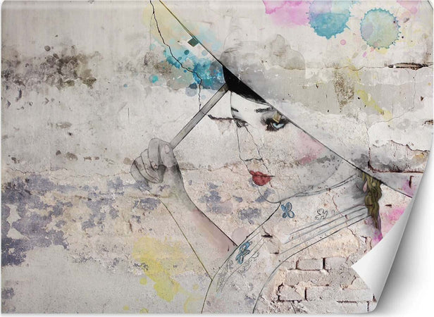 Carta-Da-Parati,-Geisha-ombrello-muro-di-cemento