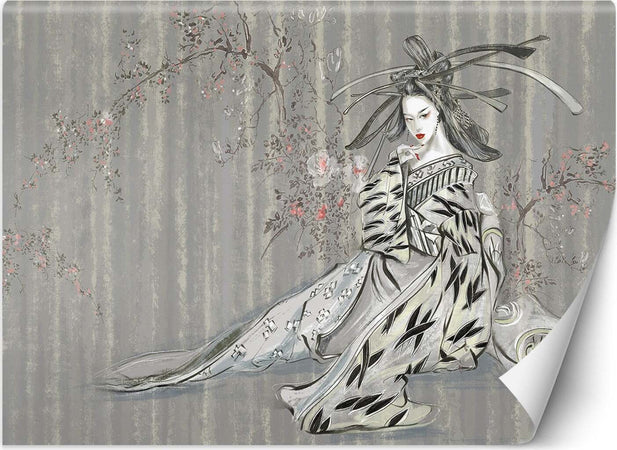 Carta-Da-Parati,-Geisha-Vintage-Asia-Donna-Blu