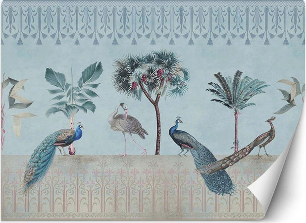 Carta-Da-Parati,-Pavoni-Uccelli-Fiori-Tropicali