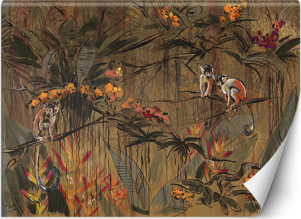 Carta-Da-Parati,-Scimmie-nella-giungla-tropicale-Marrone-Arancione