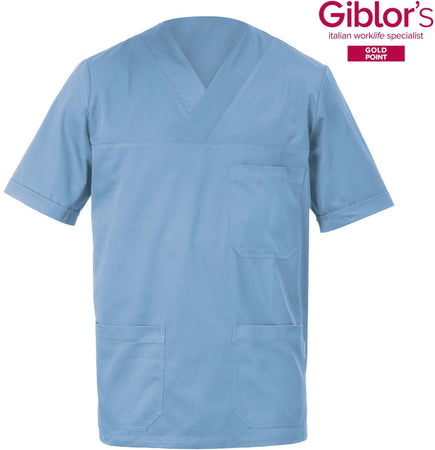 Casacca a V Alberto Azzurro Manica Corta Tessuto Satin Uomo Medico Farmacista Dentista Infermiere