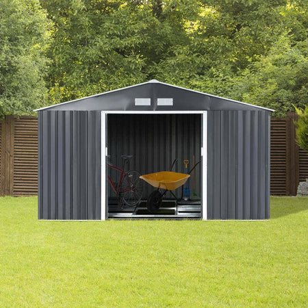 Casetta-da-Giardino-con-Base-e-Doppie-Porte-Scorrevoli,-Capanno-da-Giardino-in-Acciaio,-340x386x200cm,-Grigio-scuro-FT6845-031V01FT6