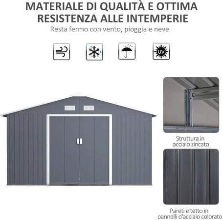 Casetta-da-Giardino-con-Base-e-Doppie-Porte-Scorrevoli,-Capanno-da-Giardino-in-Acciaio,-340x386x200cm,-Grigio-scuro-FT6845-031V01FT6