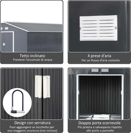 Casetta-da-Giardino-con-Base-e-Doppie-Porte-Scorrevoli,-Capanno-da-Giardino-in-Acciaio,-340x386x200cm,-Grigio-scuro-FT6845-031V01FT6