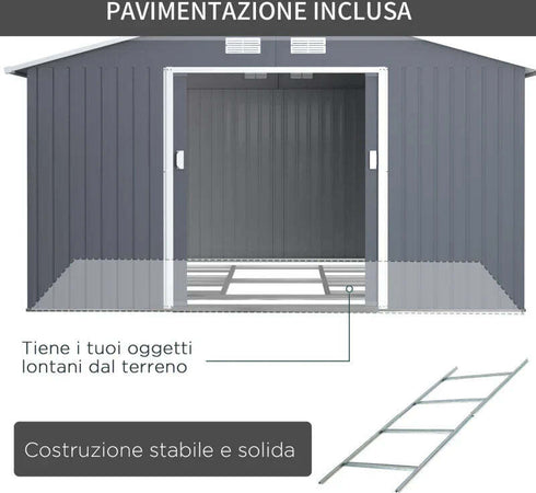Casetta-da-Giardino-con-Base-e-Doppie-Porte-Scorrevoli,-Capanno-da-Giardino-in-Acciaio,-340x386x200cm,-Grigio-scuro-FT6845-031V01FT6