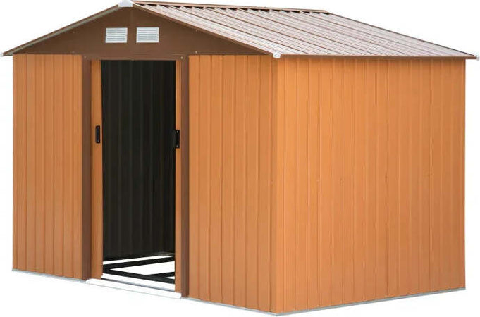 Casetta-da-Giardino-con-Base-e-Doppie-Porte-Scorrevoli-in-Lamiera-di-Acciaio,-Capanno-da-Giardino-in-Acciaio,-277x195x192cm,-Gialla-MJ6845-031YLMJ6