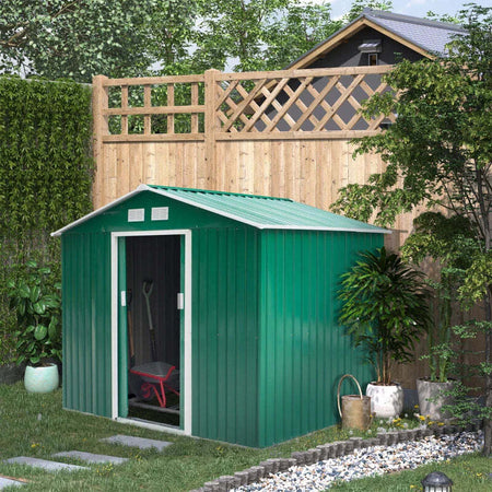 Casetta-da-Giardino-con-Base-e-Doppie-Porte-Scorrevoli-in-Lamiera-di-Acciaio,-Capanno-da-Giardino-in-Acciaio,-277x195x192cm,-Verde-FY9845-031GNFY9