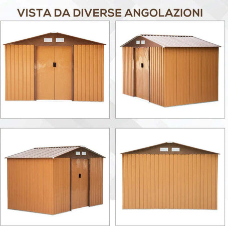 Casetta-da-Giardino-con-Base-e-Doppie-Porte-Scorrevoli-in-Lamiera-di-Acciaio,-Capanno-da-Giardino-in-Acciaio,-277x195x192cm,-Gialla-MJ6845-031YLMJ6