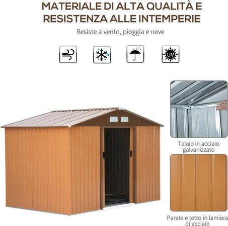 Casetta-da-Giardino-con-Base-e-Doppie-Porte-Scorrevoli-in-Lamiera-di-Acciaio,-Capanno-da-Giardino-in-Acciaio,-277x195x192cm,-Gialla-MJ6845-031YLMJ6
