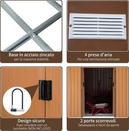 Casetta-da-Giardino-con-Base-e-Doppie-Porte-Scorrevoli-in-Lamiera-di-Acciaio,-Capanno-da-Giardino-in-Acciaio,-277x195x192cm,-Gialla-MJ6845-031YLMJ6