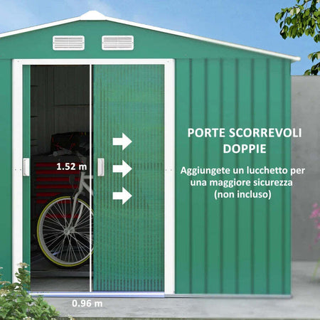 Casetta-da-Giardino-con-Base-e-Doppie-Porte-Scorrevoli-in-Lamiera-di-Acciaio,-Capanno-da-Giardino-in-Acciaio,-277x195x192cm,-Verde-FY9845-031GNFY9