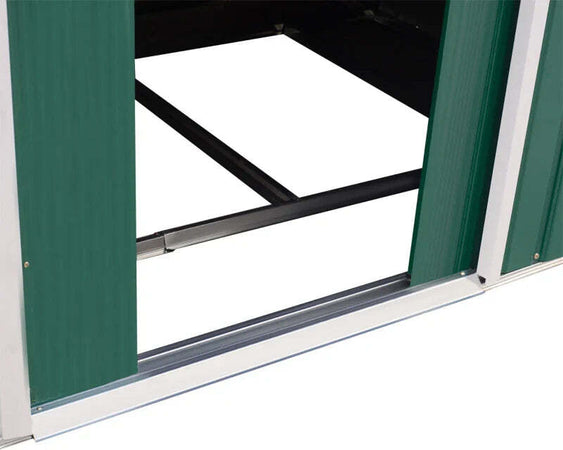 Casetta-da-Giardino-con-Base-e-Doppie-Porte-Scorrevoli-in-Lamiera-di-Acciaio,-Capanno-da-Giardino-in-Acciaio,-277x195x192cm,-Verde-FY9845-031GNFY9