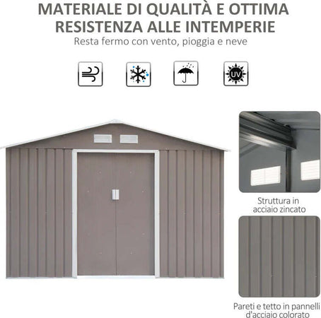 Casetta-da-Giardino-con-Doppie-Porte-Scorrevoli-in-Lamiera-di-Acciaio,-Capanno-da-Giardino-in-Acciaio,-277x195x192cm,-Grigia-KT4845-031GYKT4