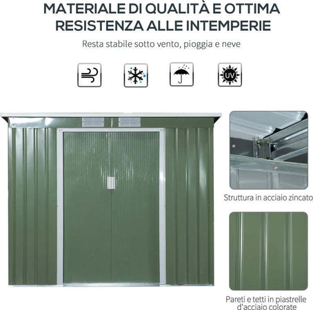 Casetta-da-Giardino-in-Acciaio-con-Doppia-Porta-Scorrevole-e-Prese-d'Aria,-213x130x173-cm,-Verde-HF3845-390HF3
