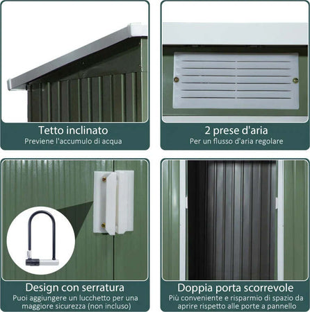 Casetta-da-Giardino-in-Acciaio-con-Doppia-Porta-Scorrevole-e-Prese-d'Aria,-213x130x173-cm,-Verde-HF3845-390HF3